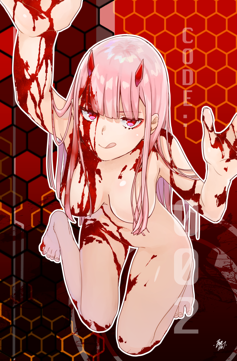 1girl :q arms_up bangs barefoot blood blunt_bangs bomhat breasts character_name cleavage darling_in_the_franxx eyebrows_visible_through_hair from_below highres horns long_hair looking_at_viewer medium_breasts navel nude pink_hair red_eyes shiny shiny_hair shiny_skin solo tongue tongue_out zero_two_(darling_in_the_franxx)