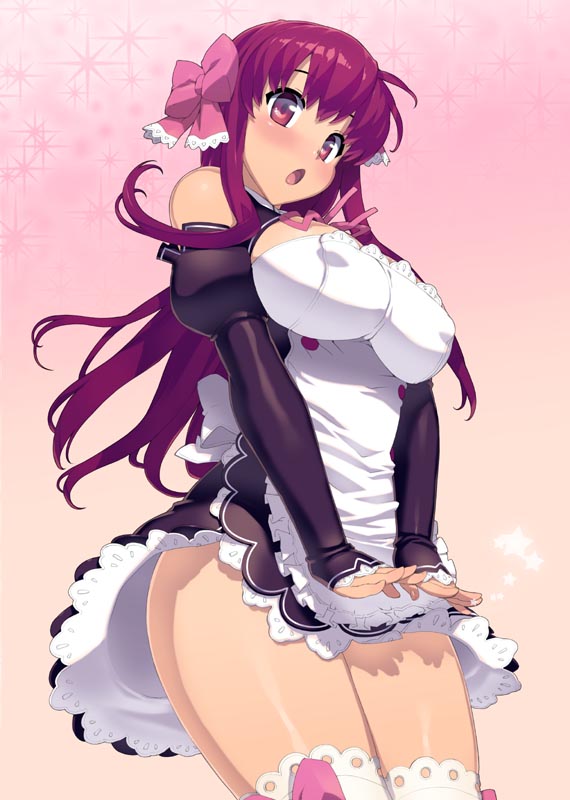 :o amane_(dream_c_club) apron bangs bare_shoulders blush bow bow_legwear breasts buttons cleavage_cutout covered_nipples covering covering_crotch detached_sleeves dream_c_club dream_c_club_(series) dress elbow_gloves embarrassed fingerless_gloves gloves hair_bow lace large_breasts long_hair looking_at_viewer ootomo_takuji red_eyes red_hair ribbon shadow short_dress solo standing surprised thighhighs thighs white_legwear zettai_ryouiki