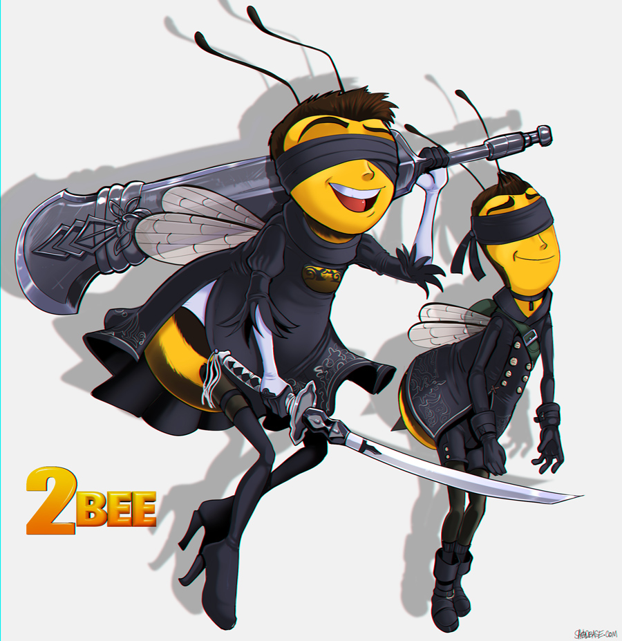 2017 adam_flayman antennae anthro arthropod barry_b._benson bee bee_movie blindfold clothed clothing cosplay duo english_text footwear high_heels holding_object holding_weapon humor insect insect_wings male melee_weapon nier nier_automata open_mouth open_smile pun shadman shoes simple_background smile stinger sword text weapon white_background wings yellow_skin