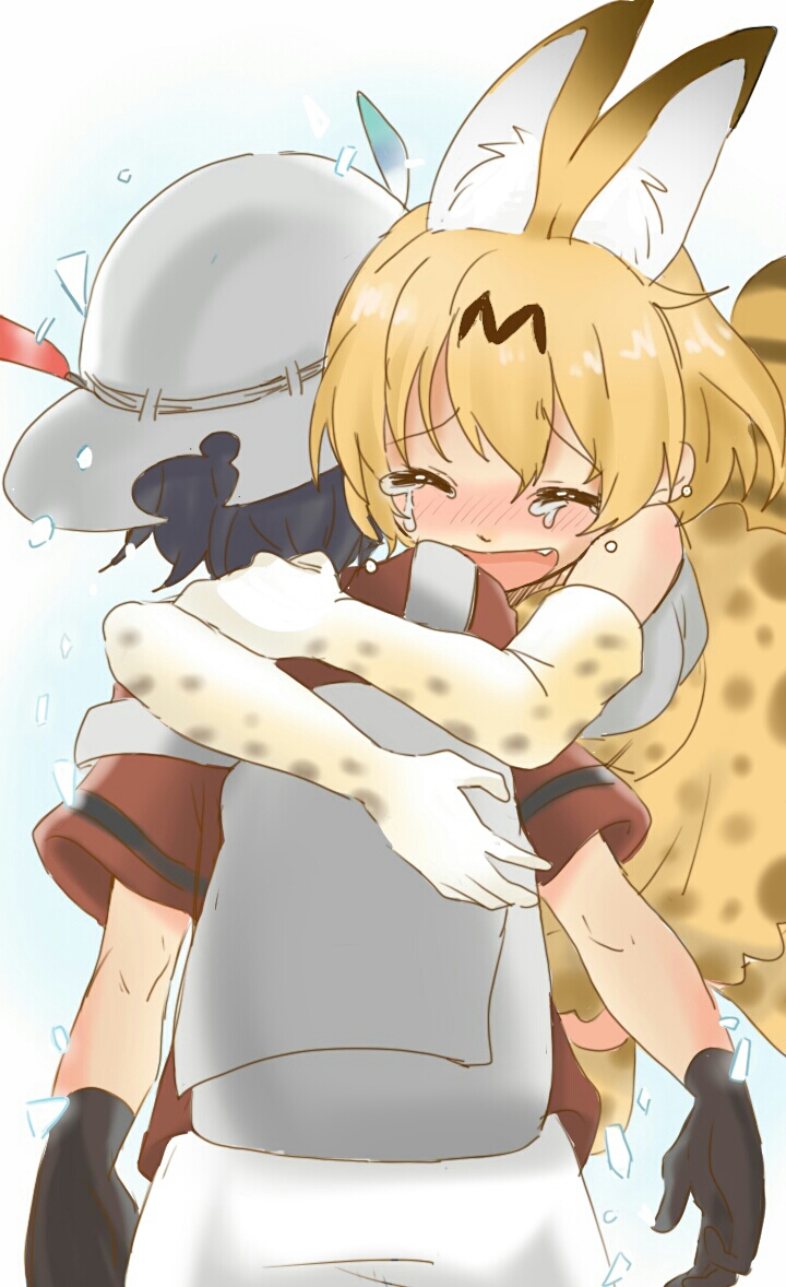 animal_ears bad_id bad_pixiv_id blonde_hair commentary elbow_gloves glomp gloves hat hat_feather helmet hug kaban_(kemono_friends) kemono_friends multiple_girls open_mouth pith_helmet roku_kyuu serval_(kemono_friends) serval_ears serval_print serval_tail short_hair spoilers tail tears