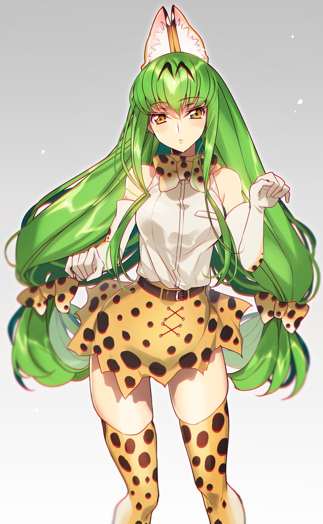 animal_ears artist_name bare_shoulders bow bowtie breasts c.c. code_geass cosplay creayus elbow_gloves gloves green_hair kemono_friends long_hair looking_at_viewer medium_breasts open_mouth paw_pose serval_(kemono_friends) serval_(kemono_friends)_(cosplay) serval_ears serval_print serval_tail simple_background skirt sleeveless solo tail thighhighs twitter_username yellow_eyes