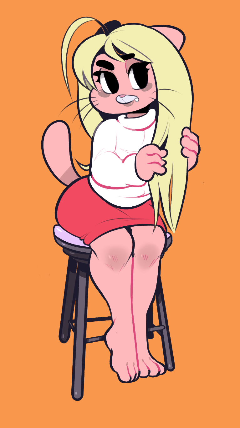 anthro blonde_hair cartoon_network cat clothing crossgender eyelashes feline female fur gumball_watterson hair mammal pink_fur sitting skirt solo stool sweater the_amazing_world_of_gumball unknown_artist whiskers young