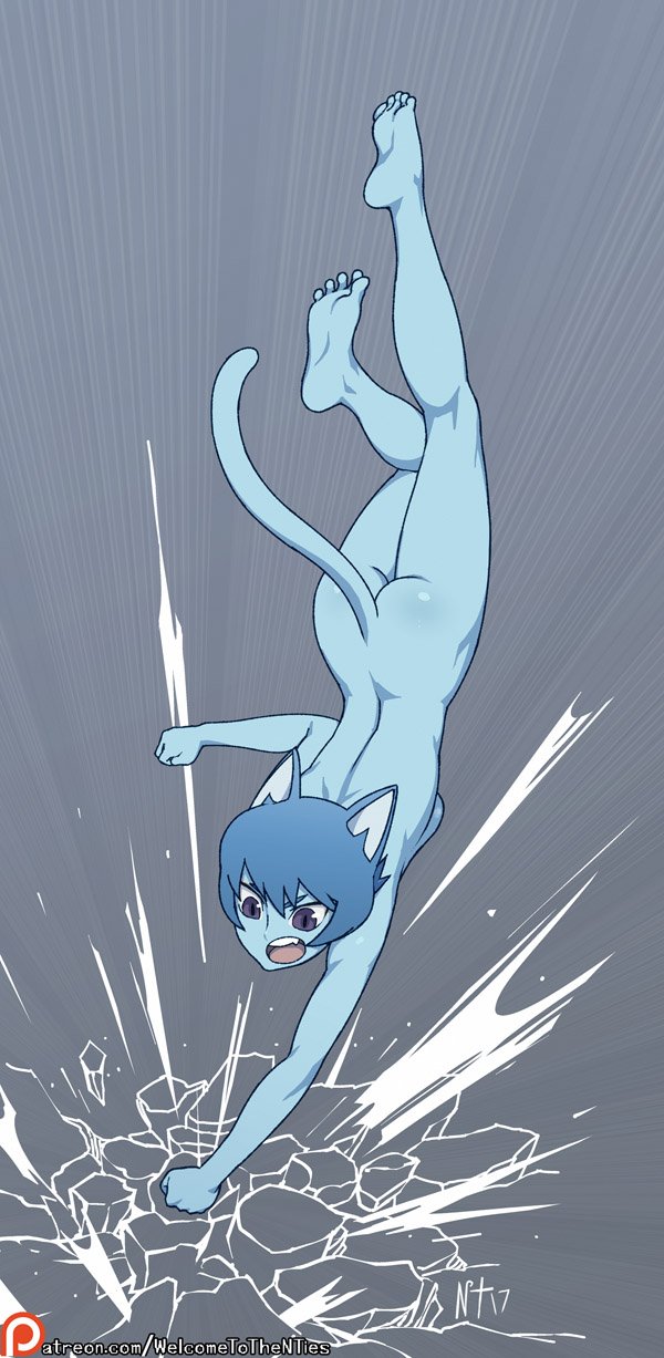 2017 5_fingers 5_toes anthro barefoot blue_eyes blue_fur blue_hair breasts butt cartoon_network cat digital_media_(artwork) feline fur hair mammal nicole_watterson noise-tanker nude pose punching side_boob simple_background solo the_amazing_world_of_gumball toes
