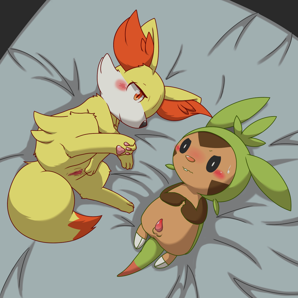 balls bed_sheet bedding blush canine chespin duo female fennekin feral fox hindpaw male mammal nintendo pawpads paws penis pisho pok&eacute;mon pussy smile spreading sweat video_games