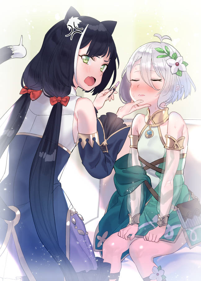 2girls anger_vein animal_ears back bare_shoulders black_hair blush breasts cat_ears cat_tail detached_sleeves eyes_closed flower green_eyes hair_flower hair_ornament kokkoro_(princess_connect!) kyaru_(princess_connect) lipstick_tube long_hair looking_at_viewer low_twintails multiple_girls princess_connect!_re:dive silver_hair sitting small_breasts subachi sweat tail twintails very_long_hair white_hair