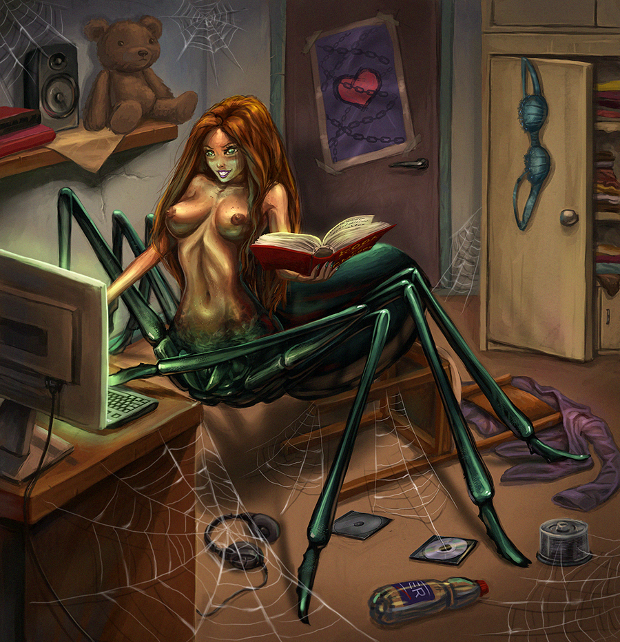 2011 book breasts computer curlyhair detailed_background female grin hair implied_transformation inside long_hair navel nipples nude smile solo spidertaur spiderweb standing