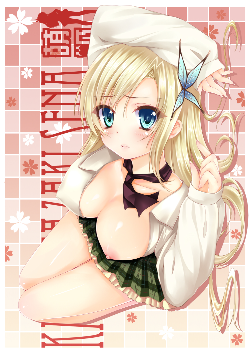 blonde_hair blue_eyes blush boku_wa_tomodachi_ga_sukunai breasts butterfly_hair_ornament commentary_request from_above hair_ornament highres kashiwazaki_sena kneeling large_breasts long_hair nipples obiwan open_clothes open_shirt plaid revision school_uniform shirt solo st._chronica_academy_uniform