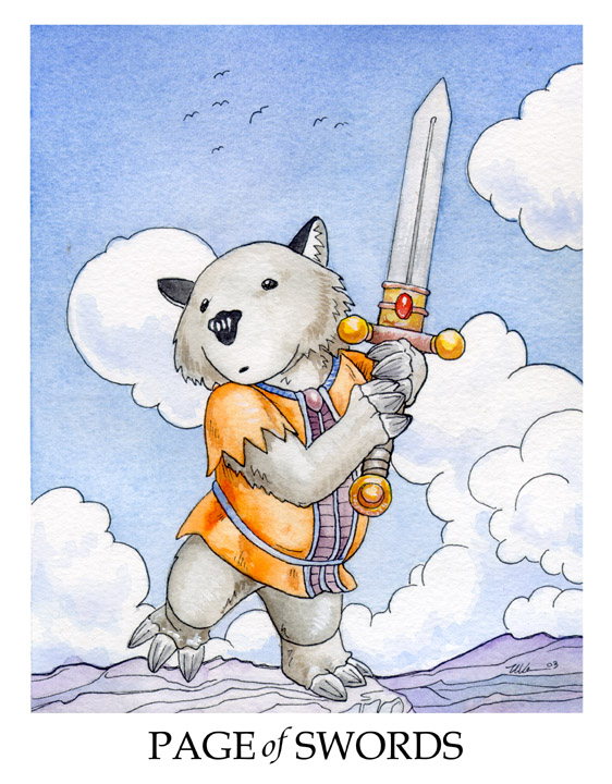 ambiguous_gender anthro black_eyes card clothing cloud english_text mammal marsupial melee_weapon minor_arcana page_of_swords_(tarot) solo sword tarot_card text ursula_vernon weapon wombat