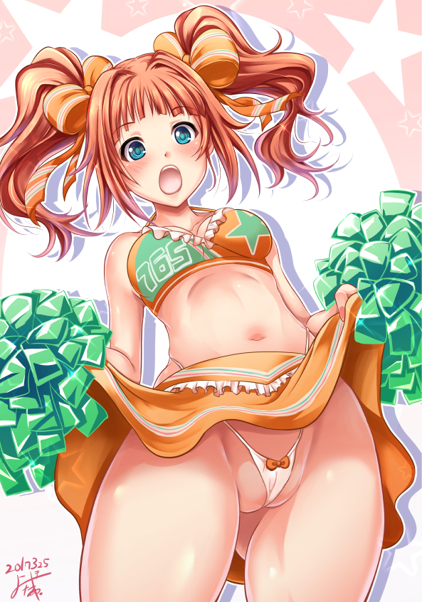 blush breasts cheerleader clothes_writing green_eyes idolmaster idolmaster_(classic) long_hair looking_at_viewer medium_breasts midriff navel open_mouth orange_hair panties pom_poms skirt skirt_lift solo takatsuki_yayoi twintails underwear yokoyama_naoki