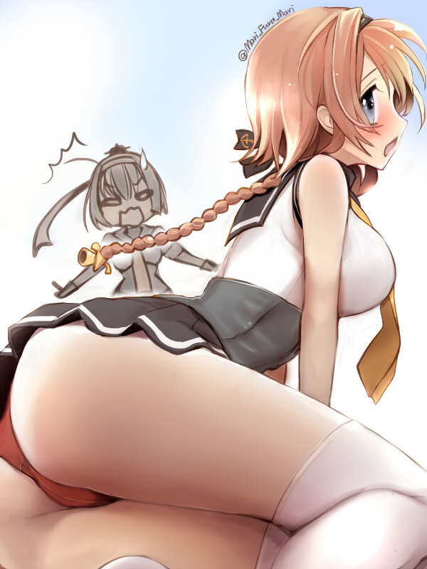 akizuki_(kantai_collection) arm_support artist_name ass blue_eyes braid breasts from_side hair_ornament hairband headband kantai_collection kneehighs light_brown_hair long_hair looking_at_viewer medium_breasts miniskirt open_mouth pleated_skirt primary_stage school_uniform serafuku shirt skirt sleeveless sleeveless_shirt teruzuki_(kantai_collection) thighs twin_braids twitter_username