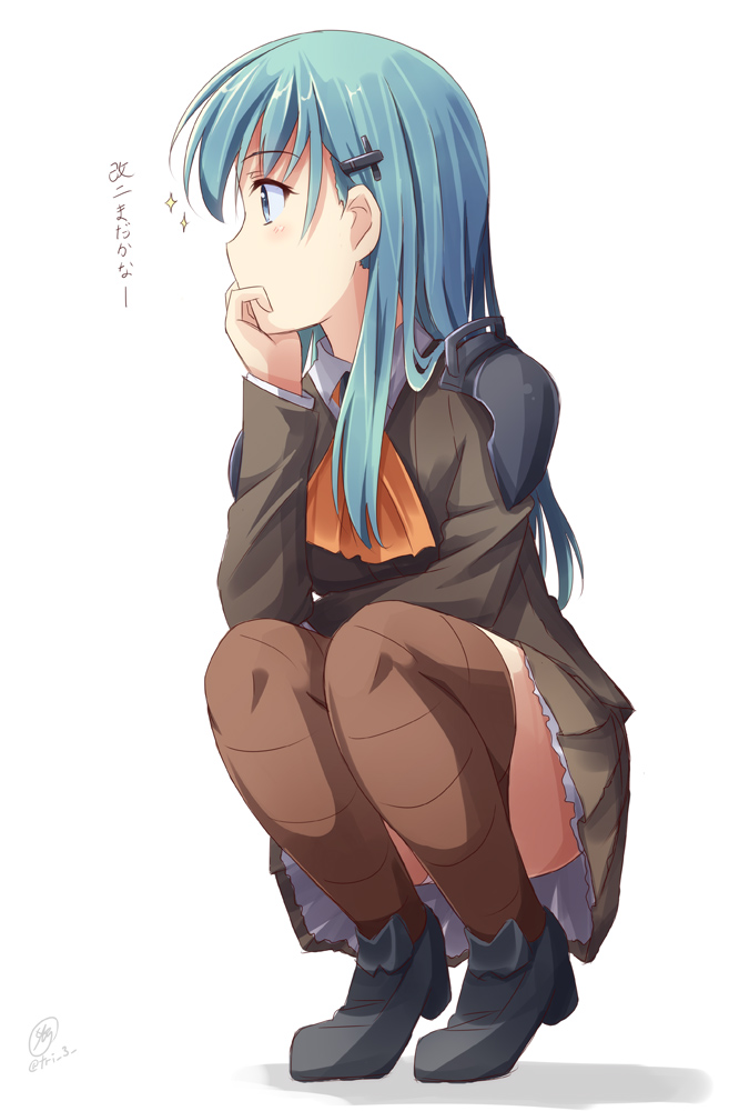 aqua_eyes aqua_hair ascot black_footwear blush brown_jacket brown_legwear brown_skirt frilled_skirt frills full_body hand_on_own_chin jacket kantai_collection loafers long_hair long_sleeves looking_to_the_side panties pantyshot pantyshot_(squatting) pleated_skirt profile school_uniform shoes shoulder_pads signature simple_background skirt solo sparkle squatting suzuya_(kantai_collection) thighhighs translated tri twitter_username underwear white_background white_panties
