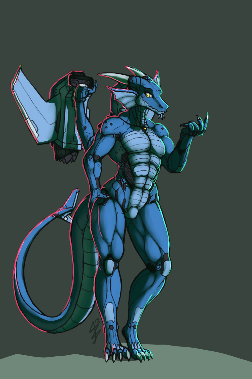 2017 ambigious_gender android anthro claws curus_keel digital_media_(artwork) dragon featureless_crotch horn looking_at_viewer machine nude pinup pose robot scalie shaded simple_background smile solo standing talynn wings yellow_eyes