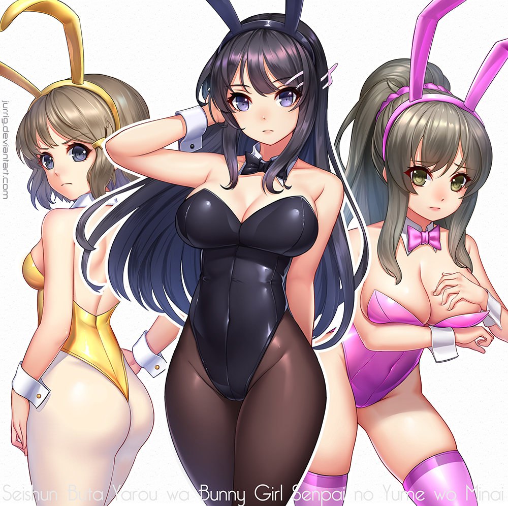 3girls adjusting_hair alternate_costume animal_ears arm_up ass back bare_arms bare_back bare_shoulders black_bunny_ears black_hair black_leotard black_neckwear blue_eyes bow bowtie breast_hold breasts brown_hair brown_legwear bunny_ears bunny_girl bunnysuit cleavage copyright_name covered_navel cowboy_shot detached_collar embarrassed expressionless eyebrows_visible_through_hair female from_behind futaba_rio green_eyes grey_hair hair_between_eyes hair_ornament hair_scrunchie hairclip hand_on_hip hand_on_own_chest hand_up highres jurrig koga_tomoe large_breasts leaning leaning_forward legs leotard lineup lips long_hair looking_at_viewer looking_back multiple_girls pantyhose pink_bunny_ears pink_legwear pink_leotard pink_neckwear pink_scrunchie ponytail sakurajima_mai scrunchie seishun_buta_yarou serious shiny shiny_hair short_hair shy sideboob sidelocks simple_background small_breasts standing strapless strapless_leotard thighhighs watermark web_address white_background white_legwear wrist_cuffs yellow_bunny_ears yellow_leotard