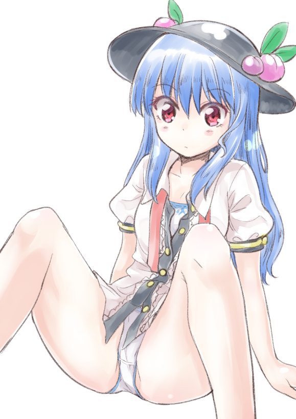 black_hat blue_hair buttons collared_shirt eyebrows_visible_through_hair food frilled_shirt frills fruit hat hat_leaf hinanawi_tenshi long_hair nibi no_pants panties partially_unbuttoned peach puffy_short_sleeves puffy_sleeves red_eyes red_ribbon ribbon shirt short_sleeves simple_background sitting solo spread_legs touhou underwear white_background white_panties white_shirt