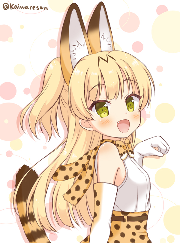 :d animal_ears blonde_hair bow bowtie commentary_request cosplay elbow_gloves extra_ears fang gloves green_eyes idolmaster idolmaster_cinderella_girls jougasaki_rika kaiware-san kemono_friends long_hair looking_at_viewer open_mouth paw_pose polka_dot polka_dot_background serval_(kemono_friends) serval_(kemono_friends)_(cosplay) serval_ears serval_print serval_tail skirt sleeveless smile solo tail twitter_username two_side_up