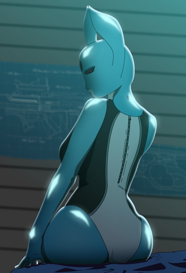 2017 arc bed big_breasts big_butt breasts butt clothed clothing digital_media_(artwork) female humanoid hylotl jumpsuit looking_at_viewer looking_back multi_eye on_bed one_piece_suit red_eyes simple_background sitting solo standing_tough starbound starcrew video_games zipper