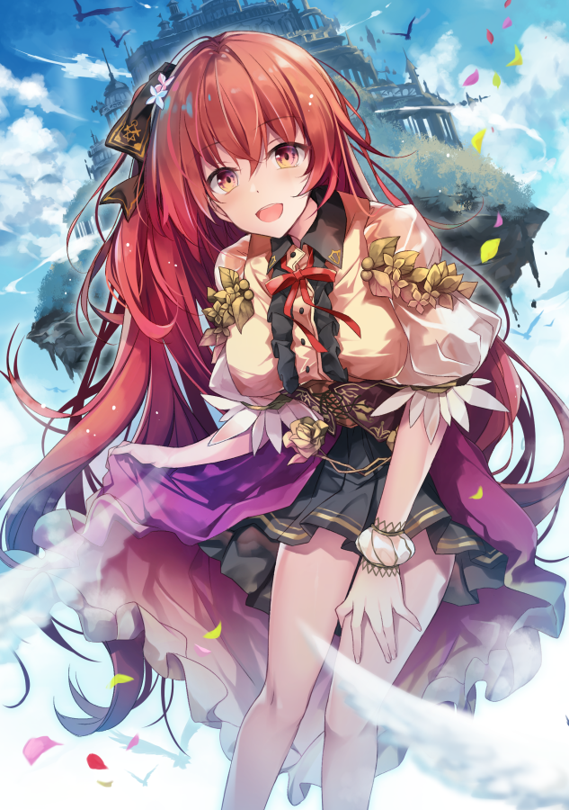 :d bird black_ribbon black_skirt blue_sky breasts castle center_frills cloud collared_shirt commentary_request cover cover_page day fantasy feet_out_of_frame floating_castle floating_island flower hair_flower hair_ornament hair_ribbon hirai_yuzuki leaf leaning_forward long_hair looking_at_viewer medium_breasts neck_ribbon novel_cover official_art one_side_up open_mouth overskirt petals pleated_skirt puffy_short_sleeves puffy_sleeves purple_skirt red_eyes red_hair red_neckwear ribbon shirt short_sleeves single_wrist_cuff skirt skirt_hold sky smile solo standing tenkuu_no_shiro_wo_moratta_node_isekai_de_tanoshiku_asobitai very_long_hair wing_collar wrist_cuffs yellow_shirt