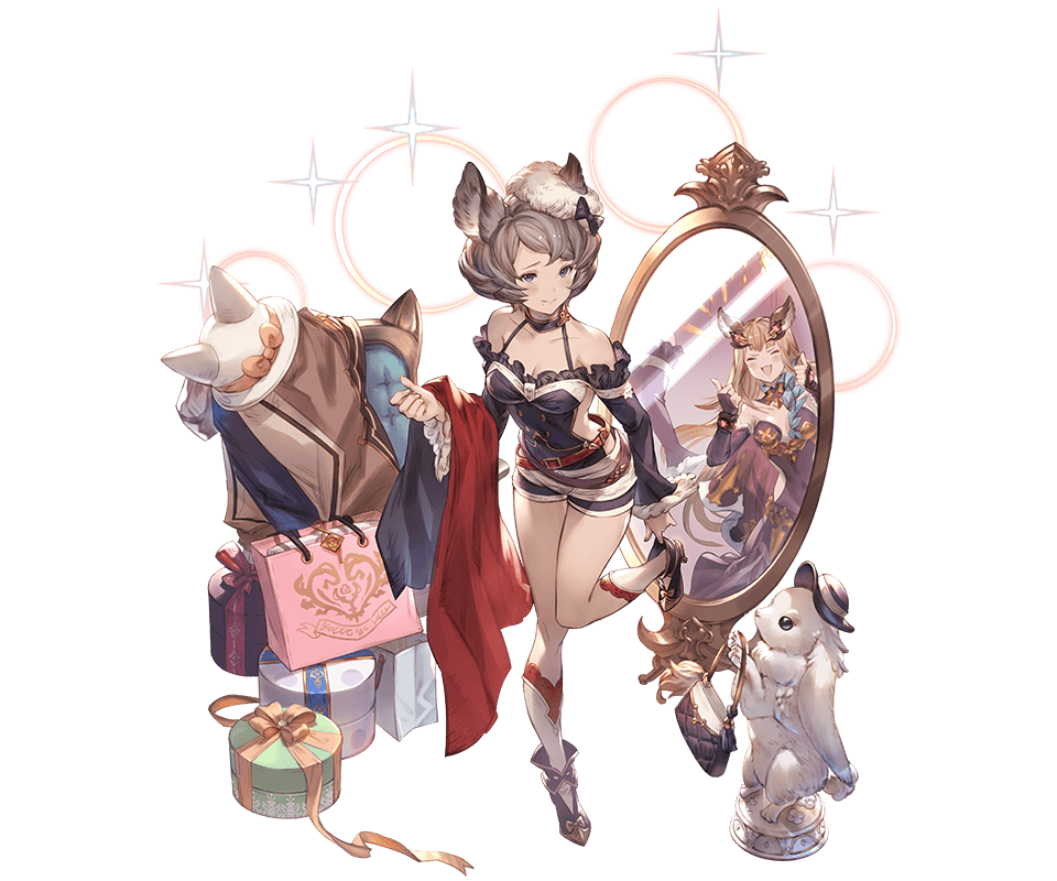 adjusting_clothes adjusting_shoe animal_ears bag bangs bare_shoulders belt breasts brown_hair closed_eyes clothes detached_sleeves elbow_gloves erune frills full_body gloves granblue_fantasy green_eyes grey_hair hair_ornament hat high_heels holding_clothes leg_up long_hair medium_breasts metera_(granblue_fantasy) minaba_hideo mirror mirrored mole mole_under_mouth multiple_girls official_art ribbon shopping_bag shorts smile socks sparkle sutera_(granblue_fantasy) thumbs_up transparent_background white_legwear