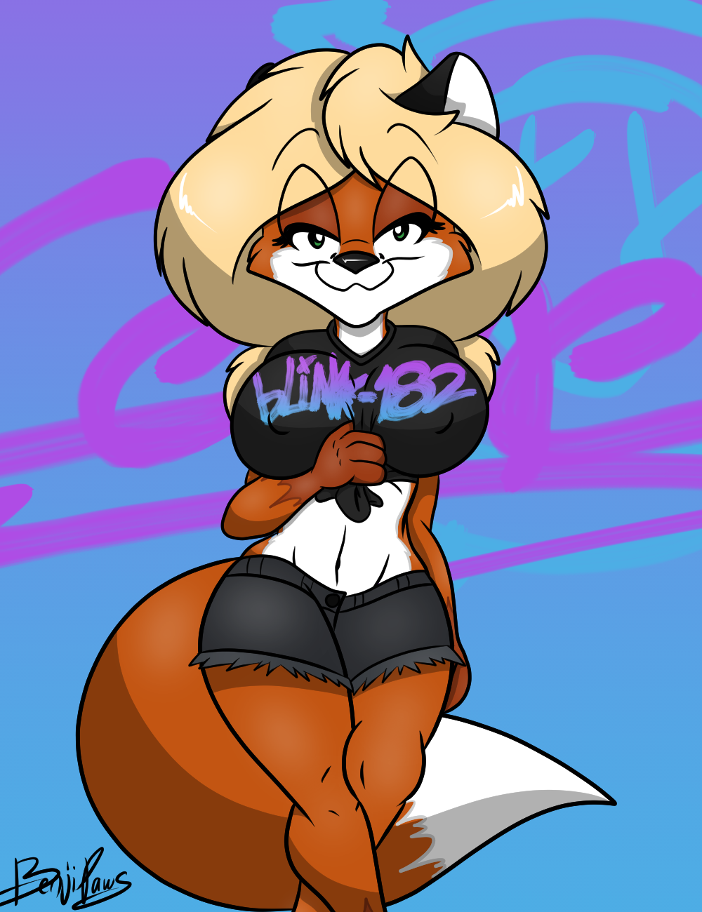 2017 anthro benjipaws big_breasts blink-182 blonde_hair breasts canine celine_foxx clothing clothing_lift eyelashes fox green_eyes hair long_hair looking_at_viewer mammal midriff navel pose shirt shorts signature simple_background solo