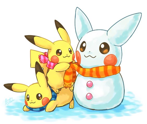 :3 all_fours ambiguous_gender barefoot brown_eyes dipstick_ears duo feral fur long_ears naked_scarf nintendo pikachu pok&eacute;mon raised_tail scarf simple_background smile snow snowman standing teamwork toony video_games white_background yellow_fur