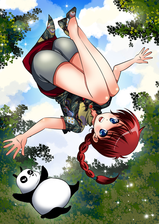 bad_feet bad_id bad_pixiv_id blue_eyes braid chinese_clothes genderswap genderswap_(mtf) ikebukuro_maria long_hair no_socks panda ranma-chan ranma_1/2 red_hair saotome_genma saotome_ranma single_braid upside-down