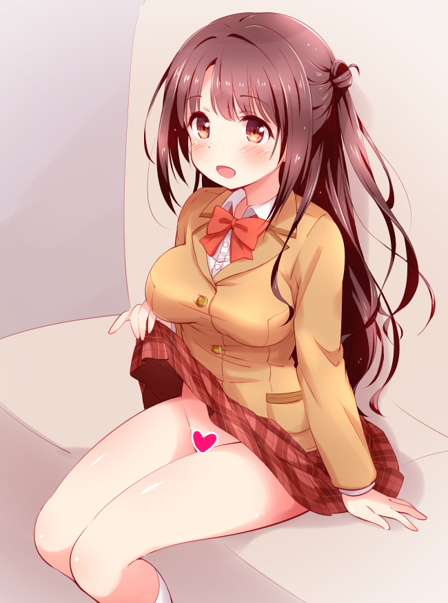 1girl bangs blush breasts brown_eyes brown_hair brown_jacket buttons censored commentary dress_shirt eyebrows_visible_through_hair grey_background groin heart heart_censor idolmaster idolmaster_cinderella_girls jacket large_breasts legs_together long_hair looking_to_the_side mikan-ya no_panties open_mouth parted_bangs plaid plaid_skirt red_ribbon ribbon shimamura_uzuki shiny shiny_hair shirt side_ponytail sitting skirt skirt_lift smile socks thighs white_shirt
