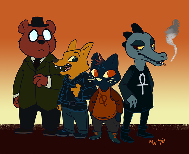 angus_(nitw) anthro bea_(nitw) bear canine cigarette clothed clothing crocodile crocodilian eyewear feline female fur glasses gregg_(nitw) group hair hat lynxgriffin mae_(nitw) mammal night_in_the_woods reptile scalie simple_background smoke video_games