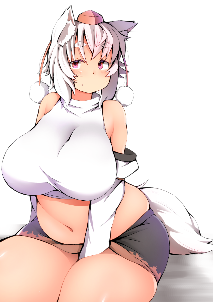 :q animal_ears bare_shoulders belly between_legs between_thighs breasts cameltoe crop_top detached_sleeves fang fang_out fat hand_between_legs hat highres inubashiri_momiji large_breasts looking_at_viewer microskirt muffin_top navel pink_eyes plump red_eyes shishi_juuroku short_hair simple_background skirt smile solo tail thick_eyebrows thick_thighs thighs tokin_hat tongue tongue_out touhou white_hair wolf_ears wolf_tail