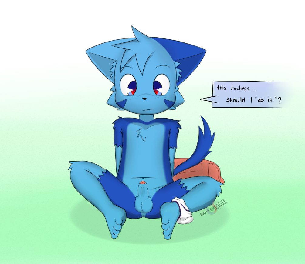 anthro balls blue_ees blue_eyes blue_fur briefs cat child clothing cub erection feline fur hazumazu humanoid_penis male mammal partially_retracted_foreskin penis simple_background sitting solo uncut underwear young