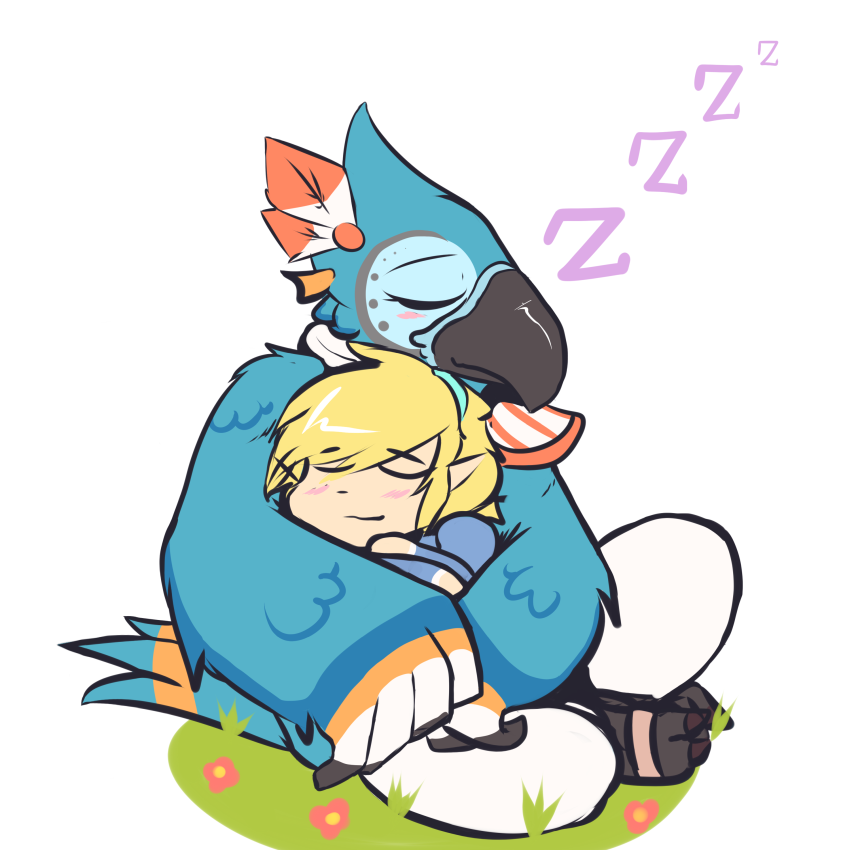 2017 anthro avian beak bird blonde_hair blue_feathers blush breath_of_the_wild chibi clothed clothing crackers cute duo embrace eyes_closed feathers grass hair hug humanoid kass_(zelda) link male nintendo pants pointy_ears rito shoulder_pad simple_background sitting size_difference sleeping smile talons the_legend_of_zelda video_games white_background winged_arms wings