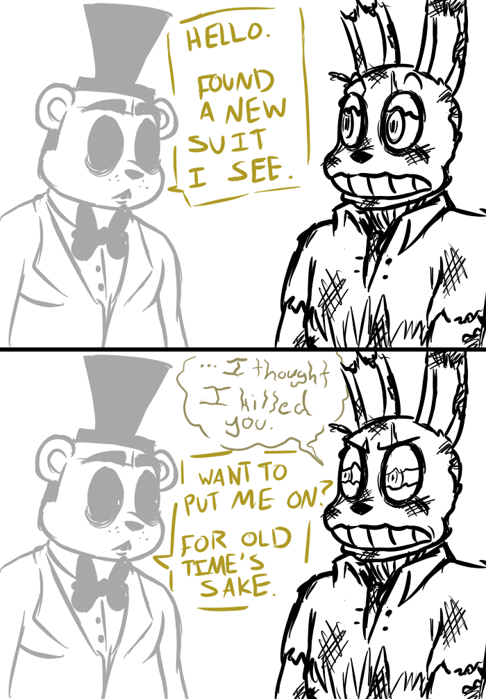 2016 animatronic anthro bear bow_tie comic dialogue duo english_text five_nights_at_freddy's golden_freddy_(fnaf) hat inkyfrog lagomorph machine male mammal rabbit restricted_palette robot simple_background springtrap_(fnaf) text top_hat video_games white_background