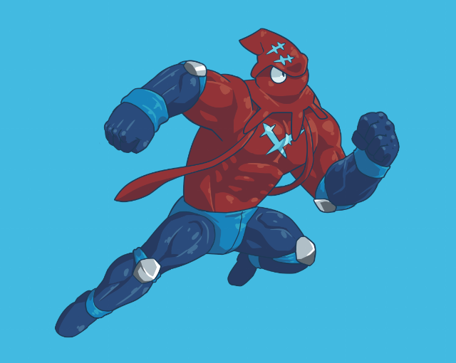 2015 5_fingers abs action_pose anthro armpits big_biceps big_muscles blue_background blue_clothing blue_theme calamari cephalopod clothed clothing colored cute cyan_markings cyan_scales digital_drawing_(artwork) digital_media_(artwork) elbow_pads fist footwear full-length_portrait giant_squid hair huge_muscles humanoid_hands knee_pads light long_hair manly marine markings muscular no_iris noseless obliques pants plain_white portrait quads red_scales running samudra_aquarium scales scalie scar shaded shiny_body shoes side_view simple_background solo speedo squid swimsuit symbol tentacle_hair tentacles toony topless triceps wrestler