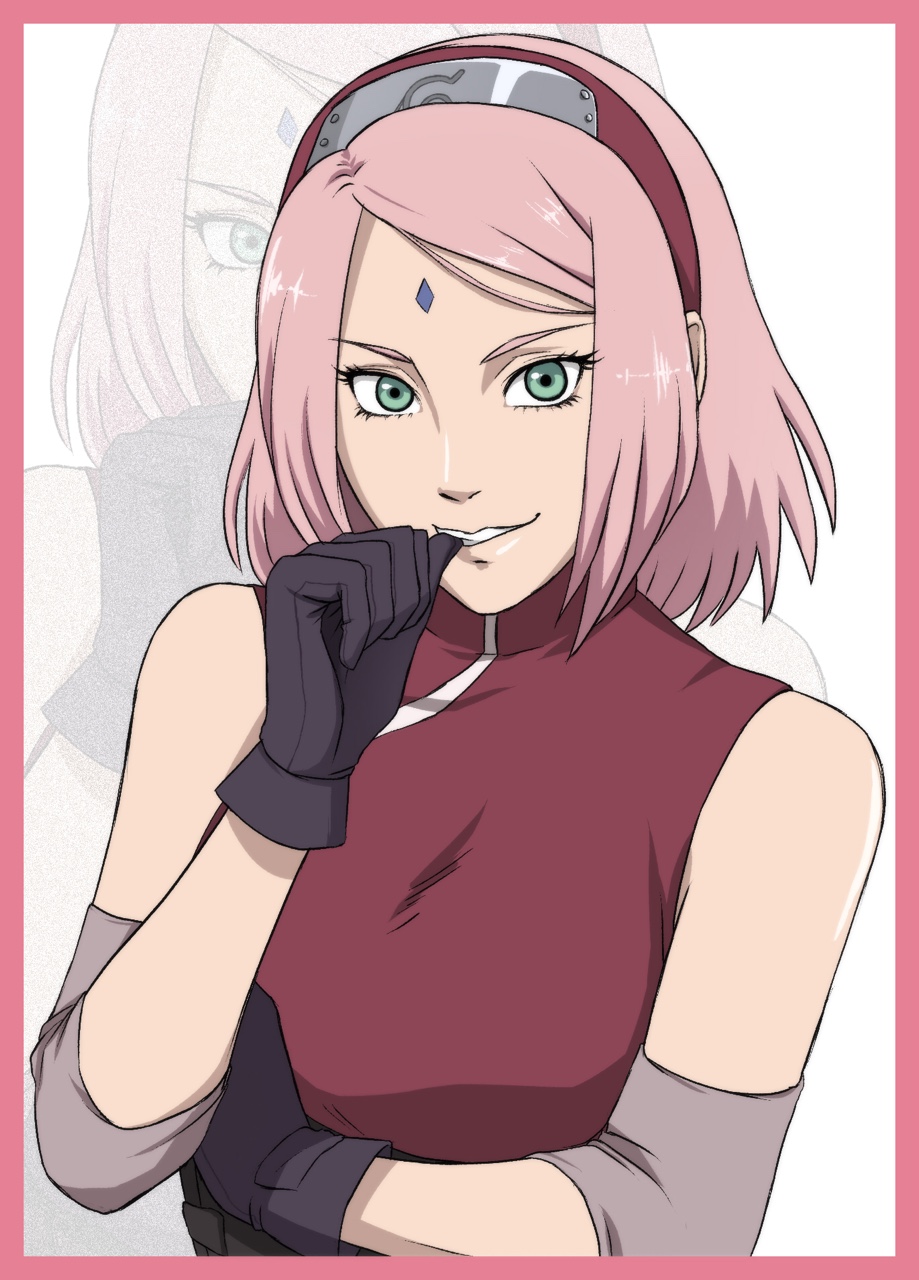 1girl biting_finger black_gloves facial_tattoo forehead_mark gloves green_eyes hairband haruno_sakura naruto naruto_shippuuden older pink_hair short_hair smile solo you_gonna_get_raped