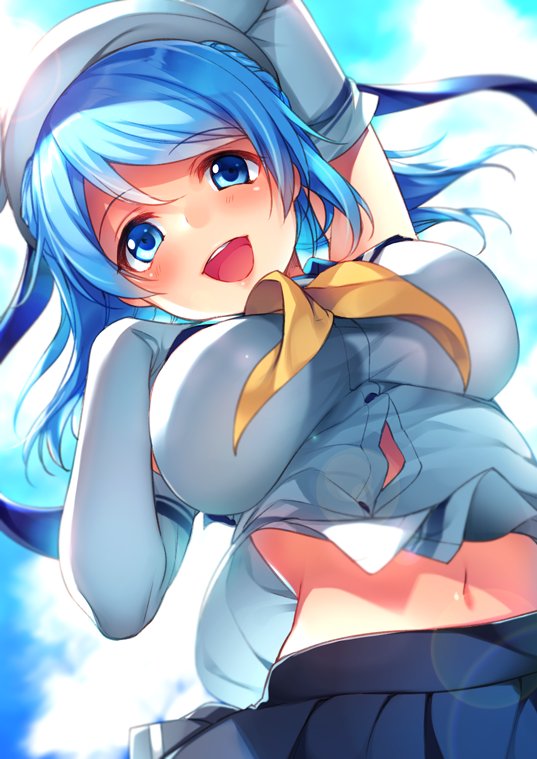 :d blue_eyes blue_hair blue_sky breasts cloud cloudy_sky day double_bun elbow_gloves gloves hat itou_nanami kantai_collection large_breasts looking_at_viewer looking_down navel neckerchief open_mouth pleated_skirt sailor_hat school_uniform serafuku skirt sky sleeves_rolled_up smile solo urakaze_(kantai_collection) white_hat yellow_neckwear