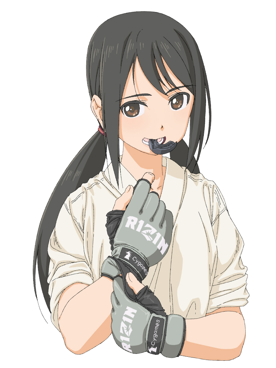 black_hair boko_(maniacpurple) brown_eyes cygames dougi fingerless_gloves gloves highres idolmaster idolmaster_cinderella_girls karate_gi long_hair looking_at_viewer mouth_guard mouth_hold nakano_yuka open_mouth simple_background sleeves_rolled_up solo twintails