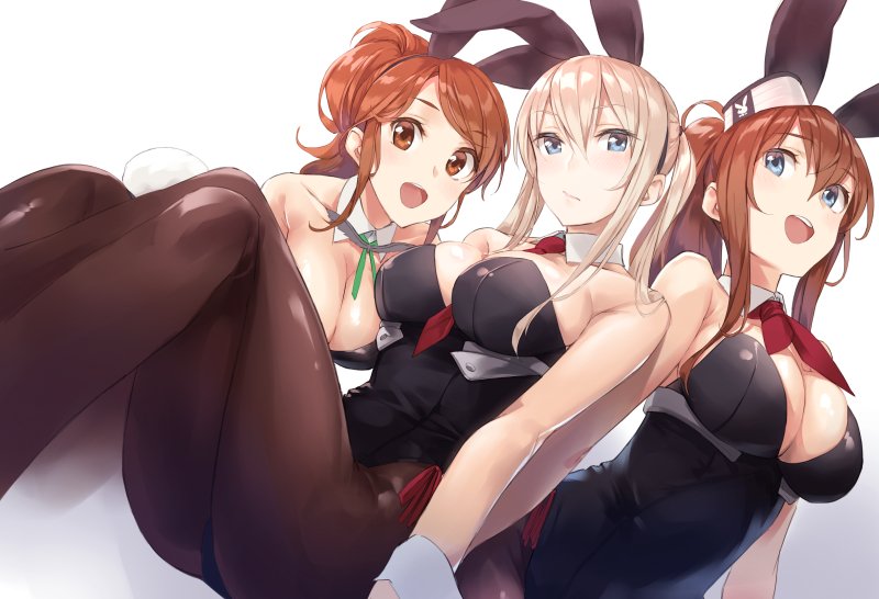 animal_ears aquila_(kantai_collection) bare_arms bare_shoulders black_legwear blonde_hair blue_eyes breasts brown_hair bunny_ears bunny_girl bunny_tail bunnysuit cleavage collarbone detached_collar fake_animal_ears graf_zeppelin_(kantai_collection) hair_between_eyes ichikei kantai_collection leotard looking_at_viewer medium_breasts multiple_girls necktie open_mouth orange_hair pantyhose playboy ponytail red_neckwear saratoga_(kantai_collection) sitting smile tail wrist_cuffs