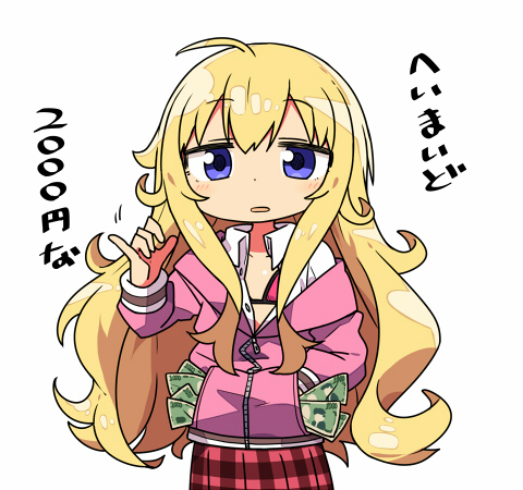 ahoge blonde_hair blush bra collared_shirt commentary_request cowboy_shot eyebrows_visible_through_hair flat_chest gabriel_dropout hand_in_pocket jacket kanikama long_hair long_sleeves looking_at_viewer lowres messy_hair money open_mouth partially_unbuttoned pink_jacket plaid plaid_skirt pocket prostitution purple_eyes red_bra red_skirt shiny shiny_hair shirt sidelocks simple_background skirt solo tenma_gabriel_white translated underwear white_background white_shirt wing_collar