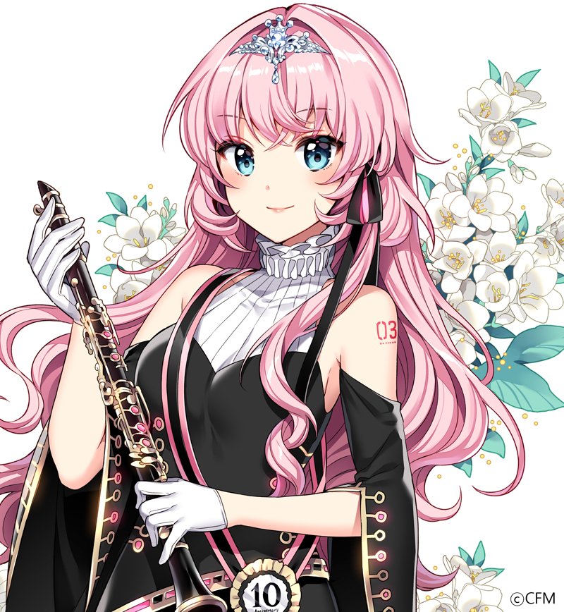 1girl bangs bare_shoulders blue_eyes blush clarinet closed_mouth copyright_name dress eyebrows_visible_through_hair flower gloves holding instrument jewelry leaf lips lipstick long_hair looking_at_viewer makeup megurine_luka nardack pink_hair shiny shiny_hair simple_background solo tattoo tiara turtleneck upper_body vocaloid white_background white_gloves wide_sleeves
