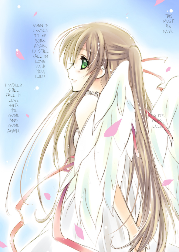 00s blush brown_hair cherry_blossoms code_geass green_eyes hard_translated long_hair petals profile shirley_fenette smile translated wings yukian
