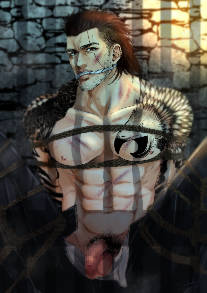 1boy abs bara black_hair bruises censored dirty facial_hair final_fantasy final_fantasy_xv flaccid gladiolus_amicitia male_focus muscle pecs penis restrained ripe solo_focus tattoo undressing