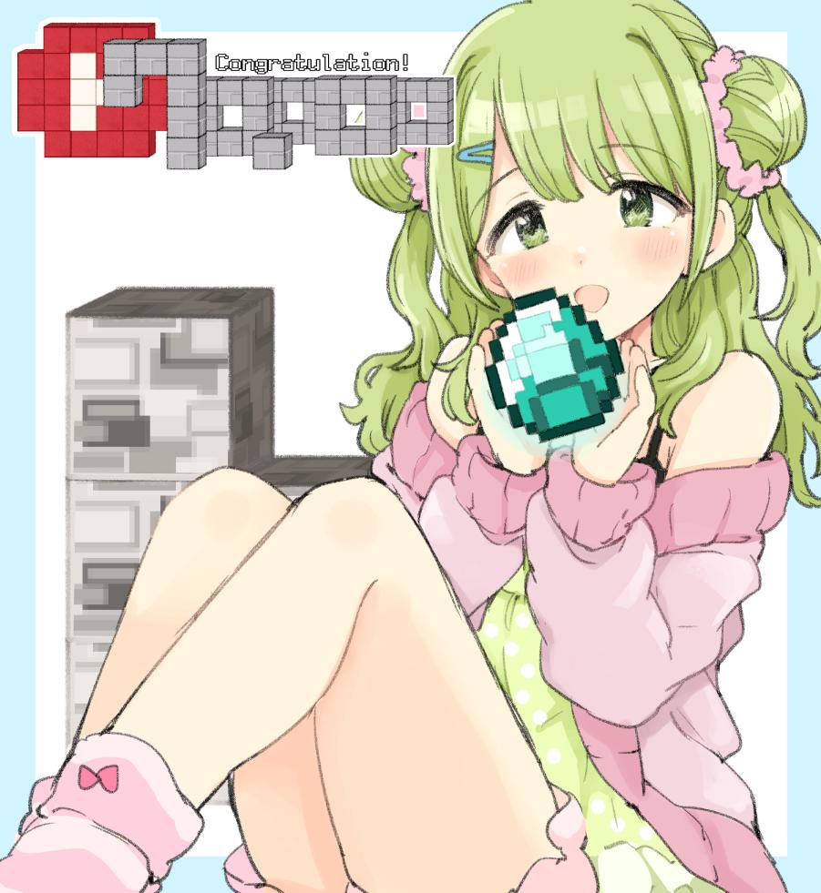 1girl :d bangs blush commentary congratulations double_bun green_eyes green_hair green_shirt hair_ornament hair_scrunchie hairclip holding jacket legs long_hair long_sleeves looking_at_viewer minecraft morina_nao morinaka_kazaki nijisanji older open_mouth pink_jacket polka_dot scrunchie shirt sitting smile socks solo thighs virtual_youtuber youtube