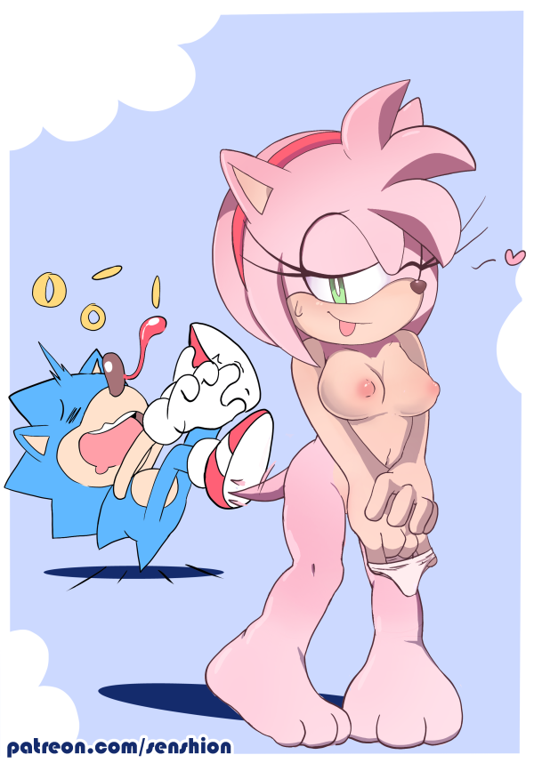 &lt;3 3_toes amy_rose anthro blood blue_body breasts clothing countershade_torso countershading drooling duo eulipotyphlan female footwear green_eyes hairband hedgehog holding_panties male mammal nipples nosebleed nude one_eye_closed open_mouth pass_out paws pink_body ring saliva senshion shoes sonic_(series) sonic_the_hedgehog tailwag toes tongue tongue_out wink