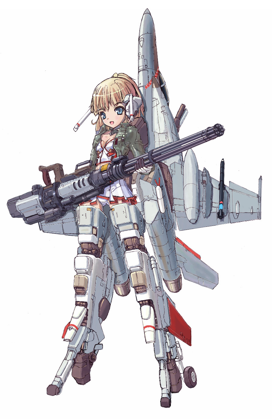 blonde_hair blue_eyes f-18 fighter_jet gun hair_decoration jacket jet looking_at_viewer mecha_musume missile open_mouth smile weapon wheels wings