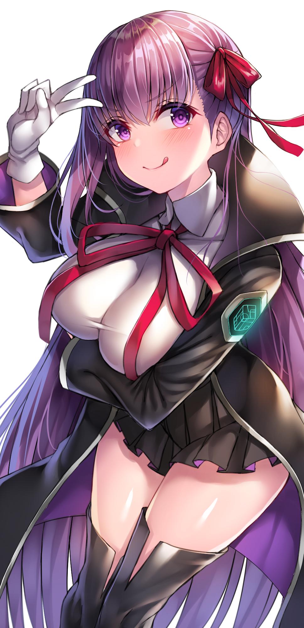 1girl bangs bb_(fate)_(all) bb_(fate/extra_ccc) beeyan black_coat black_legwear blush breast_hold breasts closed_mouth coat commentary_request emblem eyebrows_visible_through_hair fate/grand_order fate_(series) gloves hair_ornament hair_ribbon highres large_breasts long_hair long_sleeves looking_at_viewer neck_ribbon pointer purple_eyes purple_hair red_ribbon ribbon seiza shiny shiny_hair shiny_skin shirt simple_background sitting smile solo tareme thighhighs thighs tongue tongue_out v very_long_hair white_background white_gloves white_shirt wing_collar zettai_ryouiki