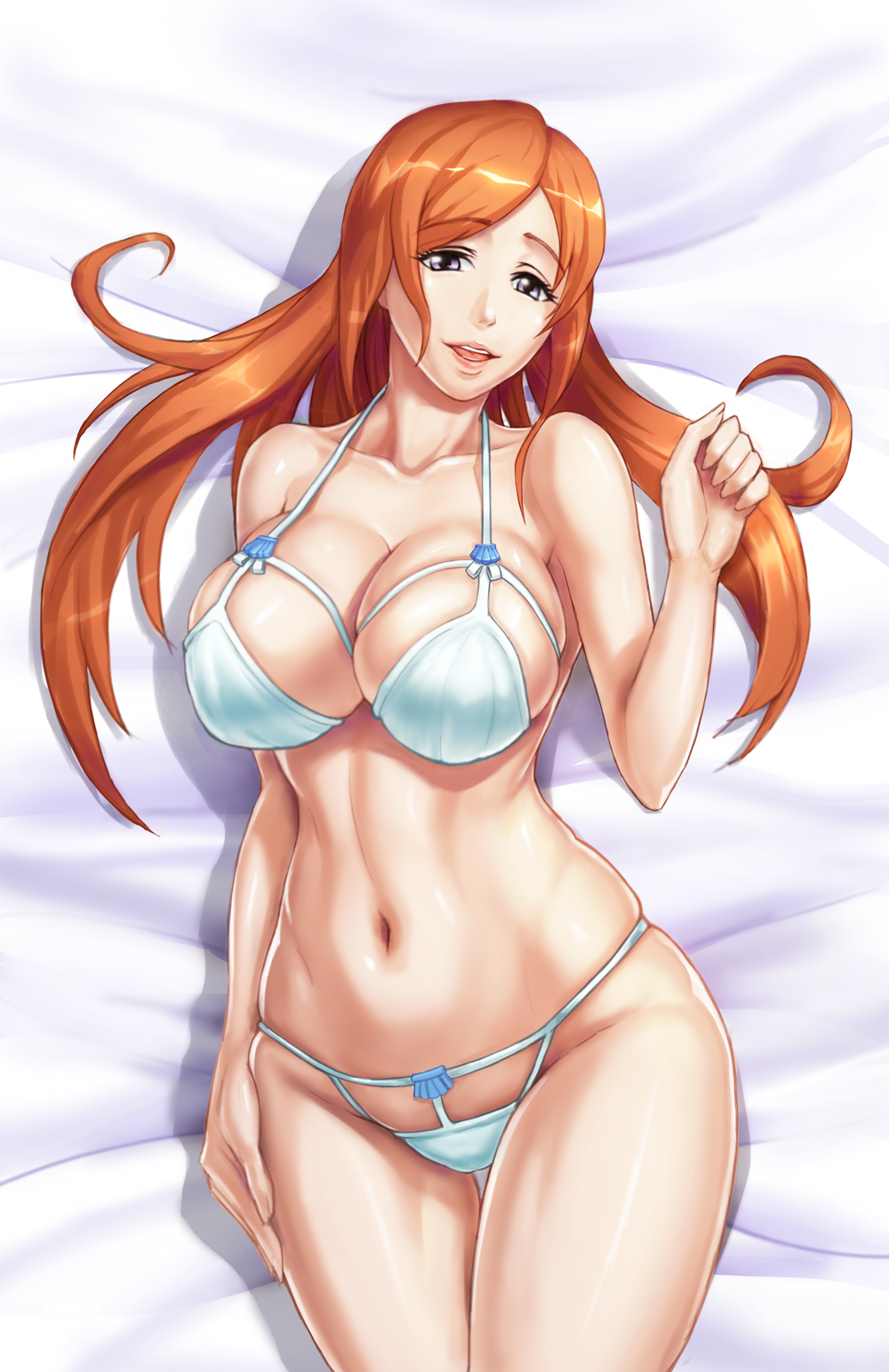 1girl artist_request bikini bleach breasts cleavage curvy female highres inoue_orihime large_breasts long_hair looking_at_viewer lying navel on_back open_mouth orange_hair purple_eyes shiny shiny_skin smile solo swimsuit thighs white_bikini