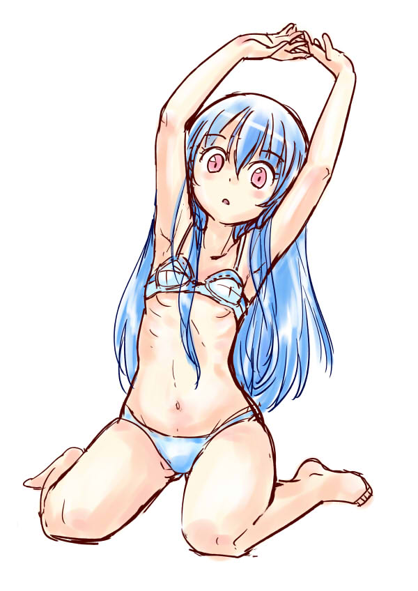 armpit_crease armpits arms_up bangs bare_arms bare_legs bare_shoulders barefoot blush bra collarbone_visible_through_hair commentary_request dot_nose eyebrows_visible_through_hair full_body gluteal_fold hinanawi_tenshi hips interlocked_fingers leaning_to_the_side light_blue_hair long_hair looking_at_viewer navel nibi pale_color panties parted_lips petite red_eyes ribs simple_background sitting sketch solo straight_hair stretch touhou underwear underwear_only wariza white_background