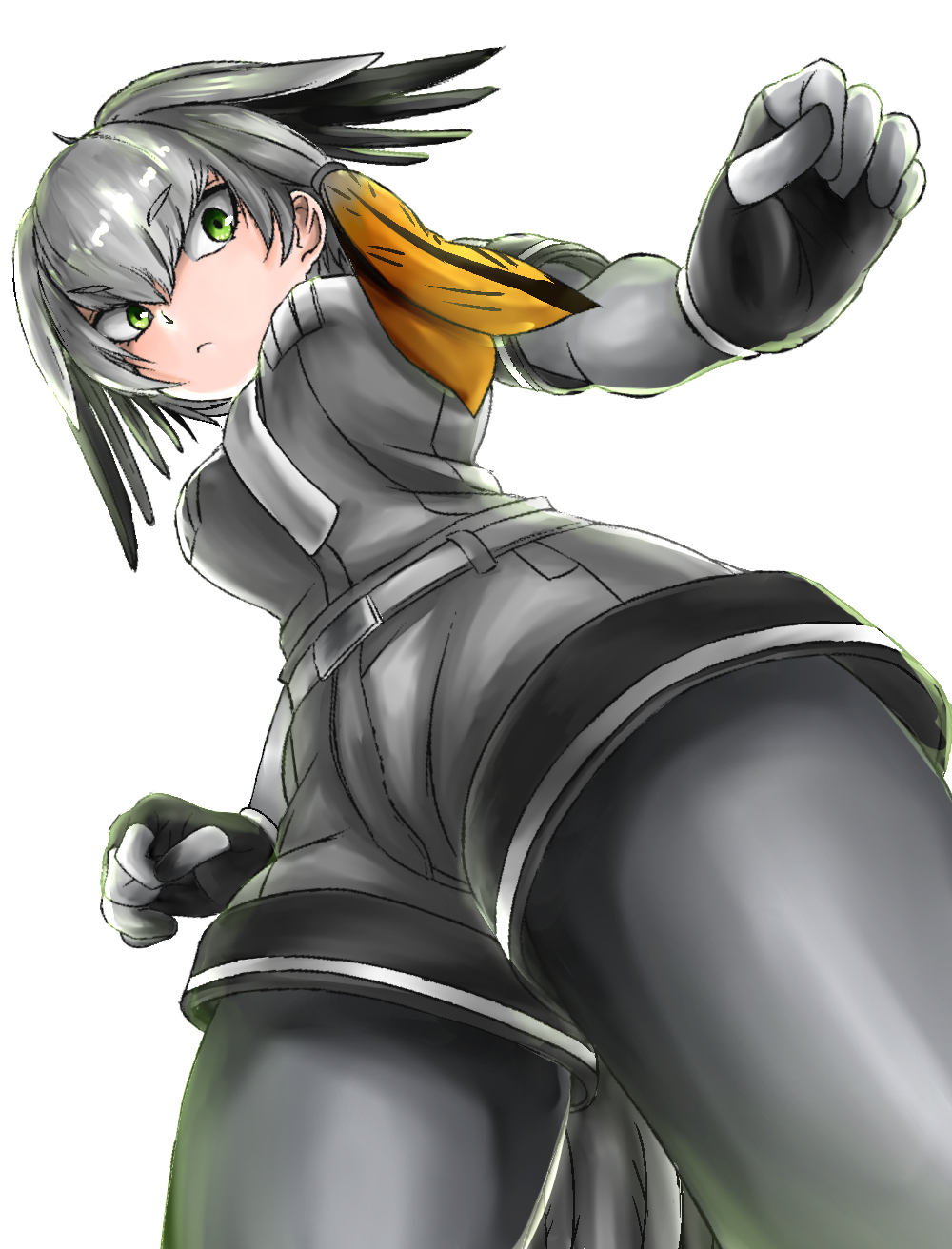 akegata_tobari arms_at_sides bangs belt bird_tail black_gloves black_hair bodystocking breast_pocket breasts closed_mouth expressionless eyebrows_visible_through_hair fingerless_gloves foreshortening from_below gloves green_eyes grey_hair grey_neckwear grey_shirt grey_shorts hair_between_eyes highres kemono_friends long_hair long_sleeves looking_at_viewer looking_down low_ponytail medium_breasts multicolored_hair necktie orange_hair pocket shirt shoebill_(kemono_friends) short_over_long_sleeves short_sleeves shorts side_ponytail sidelocks simple_background solo standing tsurime upper_body upshorts white_background
