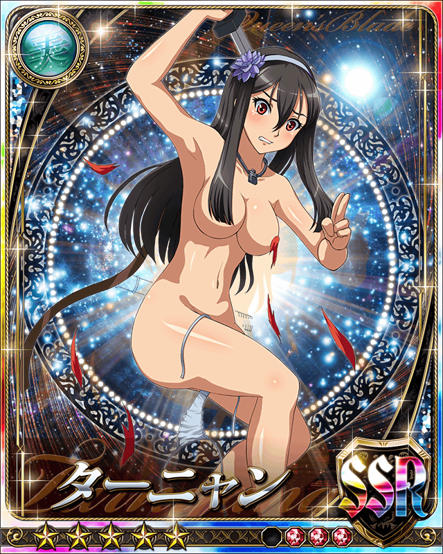 10s 1girl bare_legs blush breasts card_(medium) curvy large_breasts moaning nude queen's_blade queen's_blade_rebellion red_eyes shiny shiny_skin solo sword tarnyang_(queen's_blade) tears thong weapon