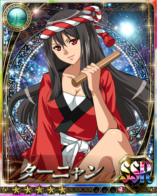 10s 1girl bare_legs blush breasts card_(medium) headband japanese_clothes large_breasts no_bra queen's_blade queen's_blade_rebellion red_eyes shiny shiny_skin smile solo taiko tarnyang_(queen's_blade)
