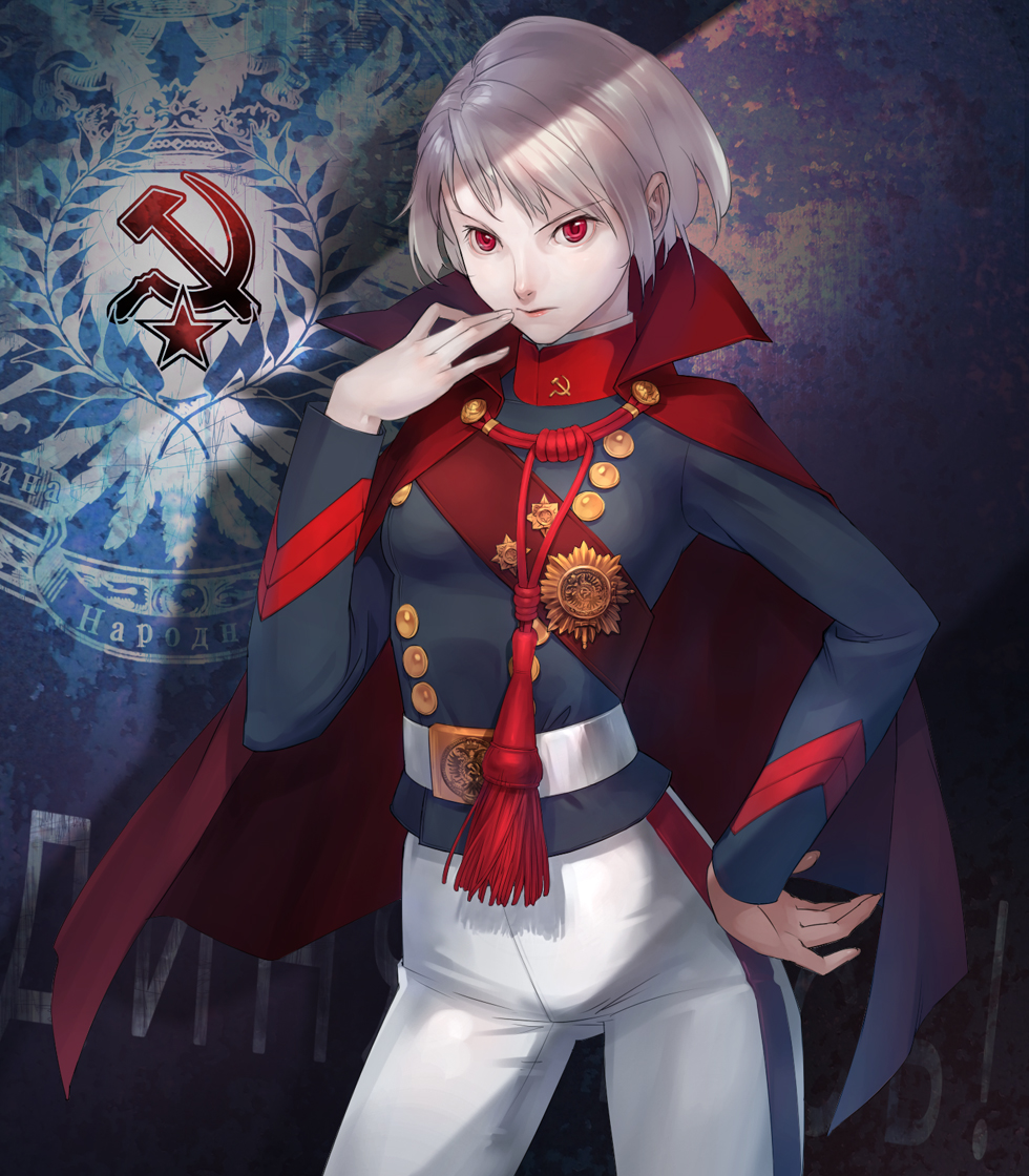 albino asa_(y-asa) cape communism cyrillic finger_to_mouth hammer_and_sickle hand_on_hip md5_mismatch military military_uniform original red_eyes russian short_twintails silver_hair solo soviet twintails uniform